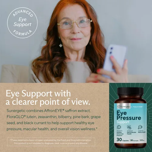Vista 5 de Sunergetic Suplemento prémium para apoyar la presión ocular, suplemento para la presión ocular con azafrán, luteína, zeaxantina, arándano y corteza