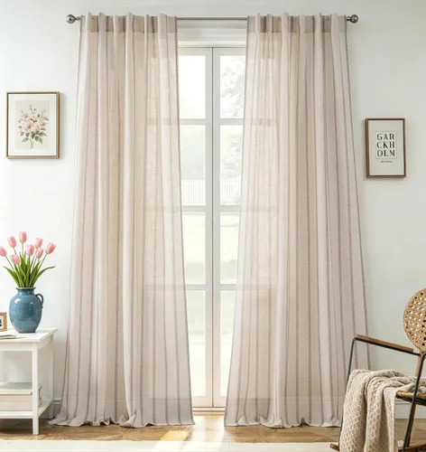 Vista 35 de DriftAway Cortinas de estilo granja con rayas verticales de lino mezclado texturizado con filtro de luz semitransparente para sala de estar