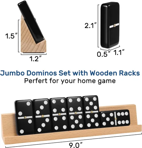 Vista 5 de Juego de dominós jumbo para adultos con 4 estantes/bandejas de madera, juego de dominós doble 6 para viajes con estuche portátil, juego de dominós