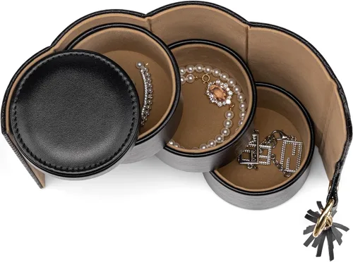 Vista 4 de Vlando Organizador de rollos de joyería de viaje, organizador de cuero de 3 secciones de almacenamiento de joyas para collares, aretes, anillos