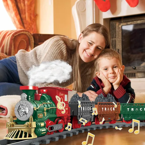 Vista 4 de Juego de Tren Eléctrico de Juguete para Niños, Juego de Tren de Navidad con Humo y Sonido para Debajo del Árbol Navideño, Modelos de Trenes