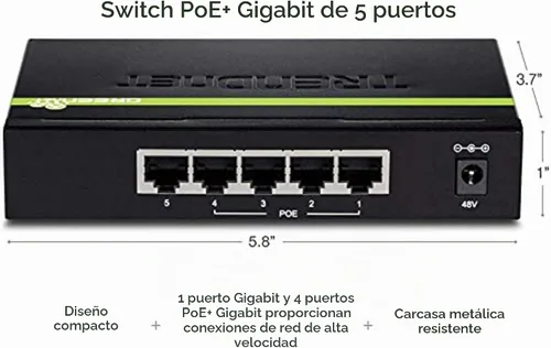 Vista 5 de TRENDnet Conmutador Gigabit PoE+ de 5 puertos, TPE-TG50g Presupuesto de energía de 31 W, capacidad de conmutación de 10 Gbps, divisor Ethernet