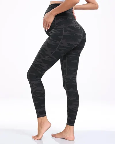 Vista 35 de WHOUARE Leggings de maternidad sobre el vientre con bolsillos para mujer, cintura alta, entrenamiento, pantalones de yoga