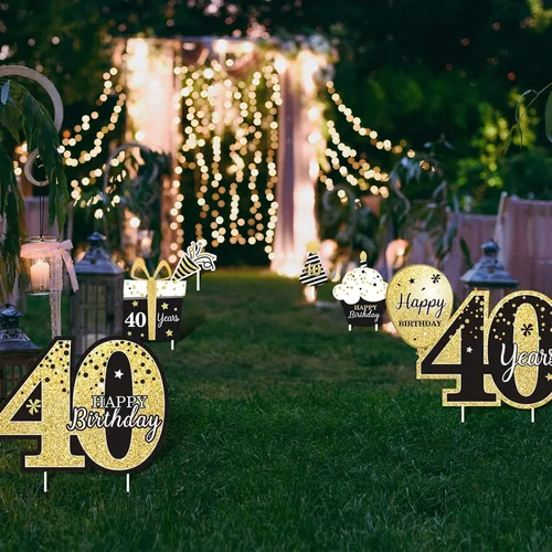 Vista 5 de Decoraciones de feliz cumpleaños 40 para hombres al aire libre 40 cumpleaños patio carteles con estacas negro y dorado 40 cumpleaños fiesta patio