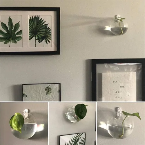 Vista 5 de Juego de 3 jarrones de pared de vidrio con forma de cuenco de burbujas, terrario para colgar en la pared, macetas de pared para interiores