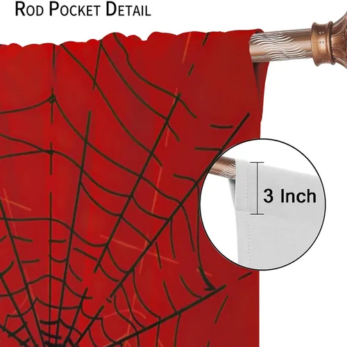 Vista 6 de Cortinas opacas de tela de araña aterradora para niños, tela de araña en blanco y negro, fondo rojo, dormitorio de niños, guardería, decoración