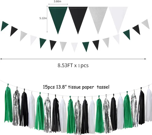 Vista 3 de Decoraciones de fiesta de fútbol negro verde plateado - 30 piezas de serpentinas de graduación de fútbol, pompones de papel de seda, guirnalda