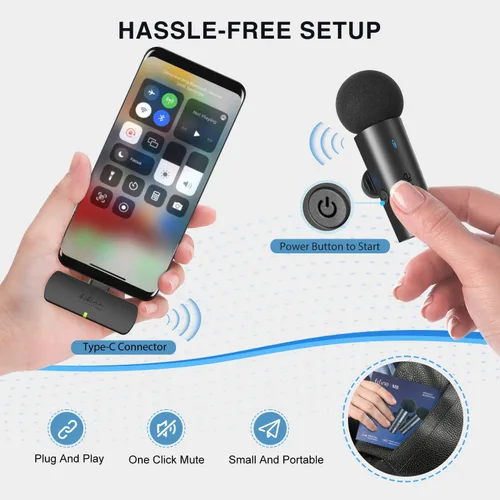 Vista 5 de FIFINE Sistema Lavalier inalámbrico con 2 micrófonos, micrófono de solapa con sonido claro para entrevistas de video de YouTube, mini micrófono dual