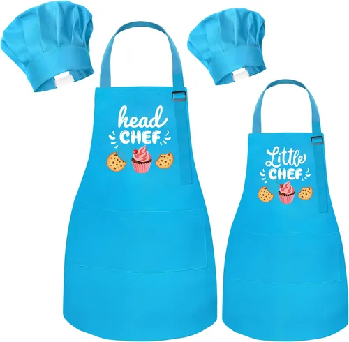 Vista 8 de R HORSE Juego de delantal y gorro de chef para adultos y niños - 4 piezas, delantal y gorro de cocina ajustables para padres e hijos, juguete