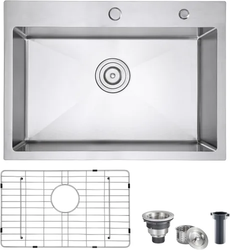 Vista 8 de POPFLY Fregadero de cocina de 18 pulgadas, acero inoxidable 304, montaje superior, hecho a mano, cuenco individual con 2 agujeros, fregadero