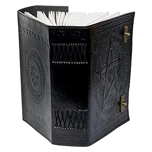 Vista 3 de QualityArt 10" Fat Leather Journal Large 600 Pages Black Pentacle Grimoire Book of Shadow Leather Notebook Journal Blank Handmade Book Sketchbook