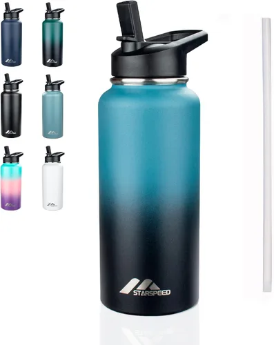 Vista 21 de StarSpeed Botella de agua aislada de 32 onzas con tapa con pajilla, botella de agua al vacío de doble pared de acero inoxidable, botella de agua