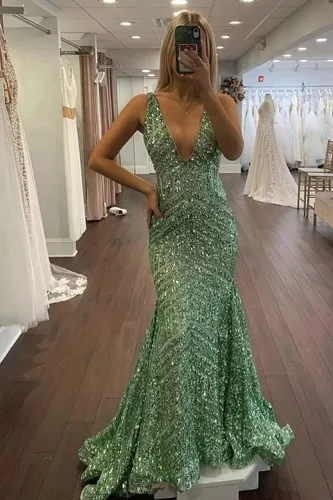 Vista 3 de Vestido de fiesta de sirena con lentejuelas brillantes, cuello en V profundo, espalda descubierta, vestidos de fiesta formales con tren