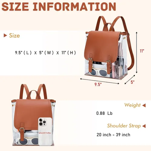 Vista 4 de KKXIU Mochila transparente de moda, aprobada para estadios, bolsa escolar transparente para mujeres y adolescentes, Marrón, Mochilas Daypack
