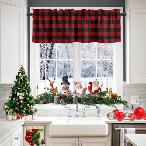 Vista 99 de Cenefa de cortina con lazo rojo de Navidad para ventanas, sala de estar, cocina, baño, granja, bolas de Navidad de acuarela con diseño de bayas
