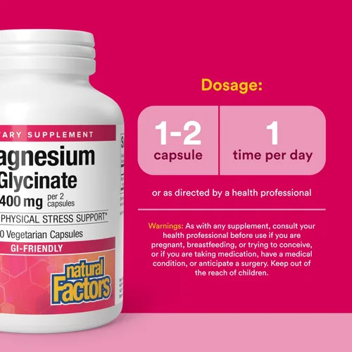 Vista 3 de Natural Factors Glicinato de magnesio – Suplemento de apoyo a la salud de todo el cuerpo – Suplemento de magnesio natural que apoya la fuerza ósea