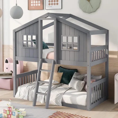 Vista 37 de Cama de Casa Tamaño Twin con Elegantes Ventanas y Estantería, Marco de Litera con Diseño de Castillo de Madera con Barandillas de Seguridad