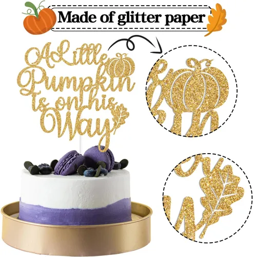 Vista 6 de Decoración para tartas con purpurina dorada "A Little Pumpkin is on His Way", calabaza Oh Boy/A Little Pumpkin is on the Way, decoración de fiesta