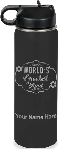 Vista 39 de LaserGram Botella de agua con tapa abatible de doble pared de 12 onzas con pajilla, la tía más grande del mundo, grabado personalizado incluido Negro