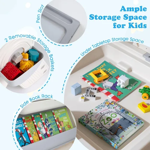 Vista 23 de Costzon Juego de mesa y silla 6 en 1 para niños, caballete de arte plegable con marcadores, borrador, 102 ladrillos compatibles, mesa de bloques