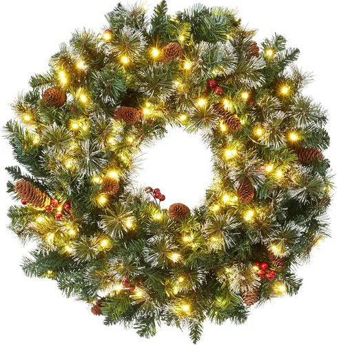 Vista 10 de Casafield Corona de Navidad artificial de abeto de 24 pulgadas, decoración navideña, 200 puntas de PVC para puerta delantera, ventana o mantel