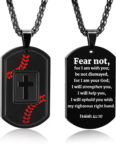 Vista 11 de Collar de cruz con versículo bíblico de béisbol, acero inoxidable, dije de cruz en tono negro/dorado/plateado, regalos religiosos, joyería deportiva