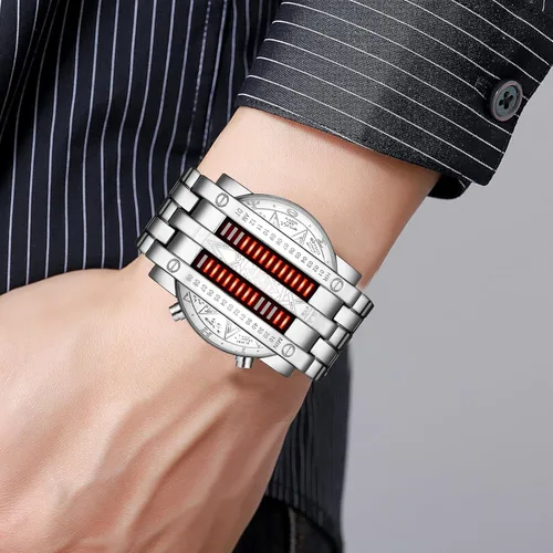 Vista 5 de Binary Matrix Blue led - Reloj Digital para hombre, moda clásica y creativa, color negro chapado