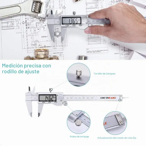 Vista 5 de Herramienta de medición de calibrador digital, micrómetro digital de calibre Vernier de acero inoxidable con pantalla LCD grande, herramienta