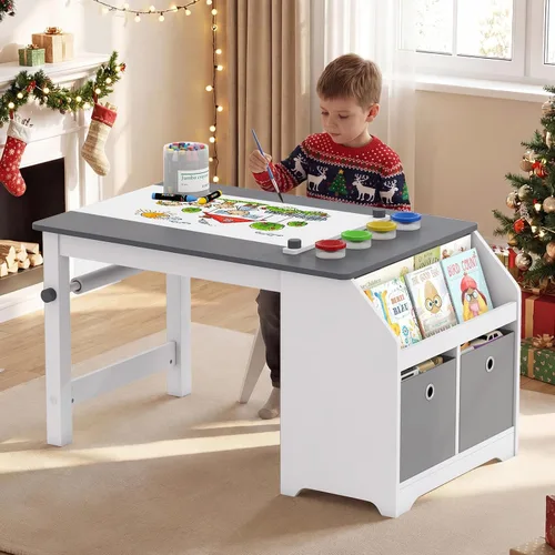 Vista 2 de Costzon Mesa y sillas de arte para niños, juego de escritorio de actividades de madera con rollo de papel, 4 tazas de pintura, estantes de Gris