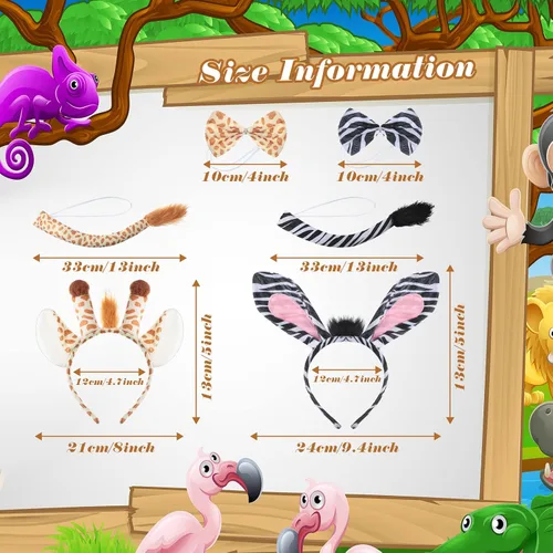 Vista 2 de 2 Sets Animal Costume Set Lion Tiger Zebra Giraffe Leopard Elephant Costume Accessory Include Ears Headband Bow Tie Tail