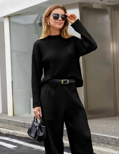 Vista 3 de GTLIAE Conjunto de dos piezas para mujer, suéter de manga larga, suéter de punto, pantalón suelto, conjunto de ropa de descanso
