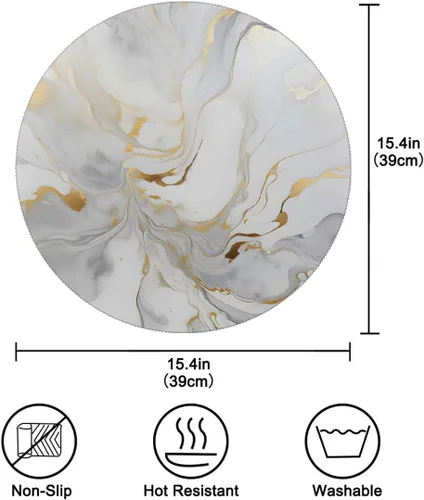 Vista 2 de Round Placemats Set of 6, White Golden Marble Print Heat Resistant Washable Place Mats Table Mat for Kitchen Dining Party