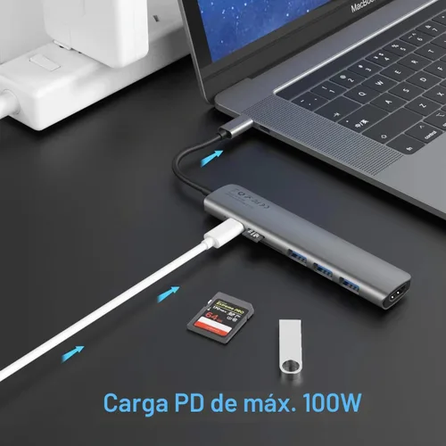 Vista 5 de WALNEW Hub USB C con HDMI 4k, entrega de energía de 100 W, lector SD/TF, puertos de datos USB 3.0, adaptador multipuerto USBC 7 en 1, base Gris