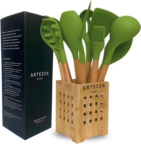 Vista 8 de Juego de utensilios de cocina de silicona de alta calidad, herramientas de cocina de 7 piezas con asas de madera de acacia y soporte de bambú, Gris