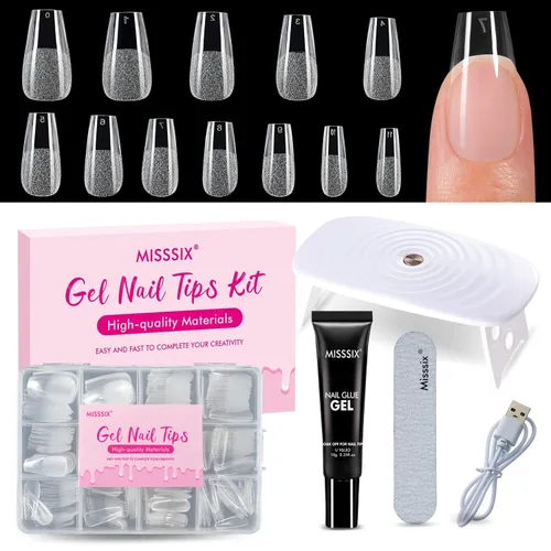 Vista 11 de Misssix Kit de puntas de uñas de gel cortas en forma de almendra, 216 piezas de uñas postizas transparentes pregrabadas, uñas postizas de cobertura
