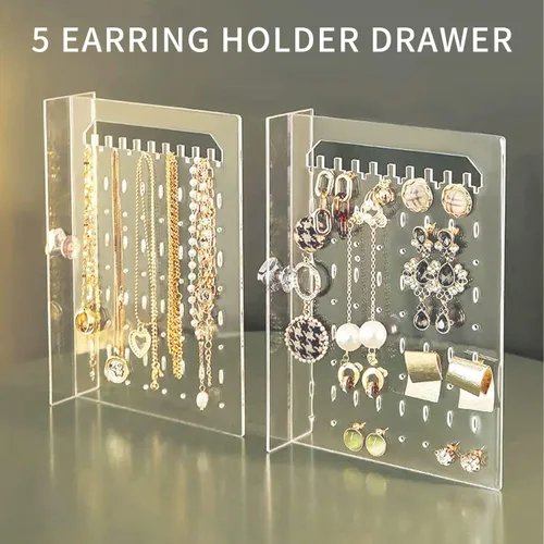 Vista 6 de Jenseits Acrylic Jewelry Holder, Clear Earring Organizer with 3 Drawers, Velvet Hanging Jewelry Stand Storage for Necklace Earrings Ring Bracelet