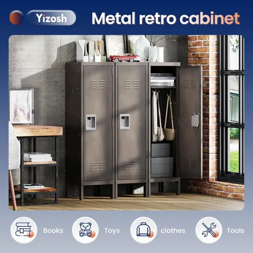 Vista 7 de Yizosh Taquilla de metal con 1 puerta con cerradura, armario de almacenamiento industrial de acero negro, 55.1 pulgadas de largo x 15 pulgadas