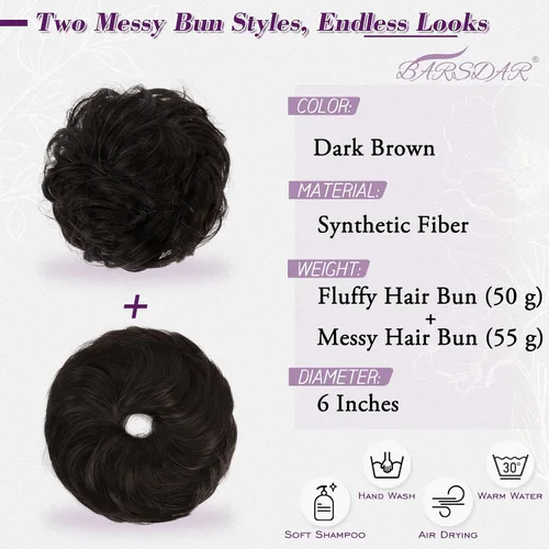 Vista 2 de BARSDAR 2 piezas de cabello de moño desordenado de color marrón oscuro + extensión de moño de cabello 100% humano