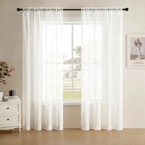 Vista 8 de Joydeco Juego de 2 paneles de cortinas traslúcidas blancas de 84 pulgadas de largo, cortinas traslúcidas de lino con bolsillo para barra