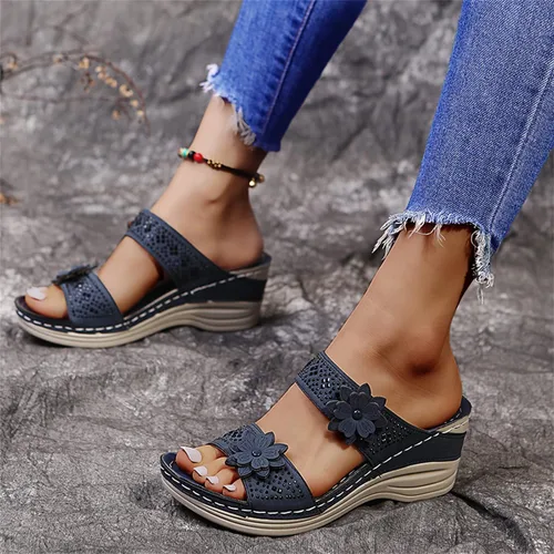 Vista 8 de Ladmiple Sandalias ortopédicas florales de moda 2023 con soporte de arco, zapatillas romanas casuales con puntera abierta