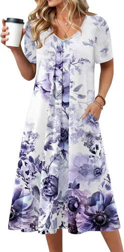 Vista 17 de Zeagoo Vestido de verano para mujer, casual, floral, midi, con bolsillos, cuello en V, plisado, manga corta, estilo alineado, para vacaciones