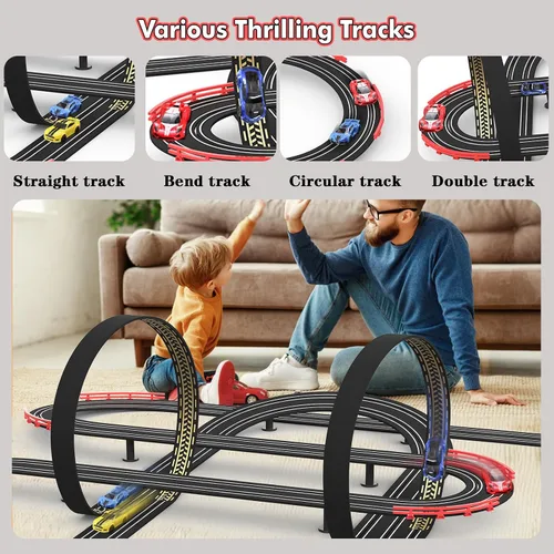 Vista 2 de Sets de pista de carreras de coches de ranura de 32 pies con alimentación eléctrica para niños y niños, carreras dobles con 4 coches de alta