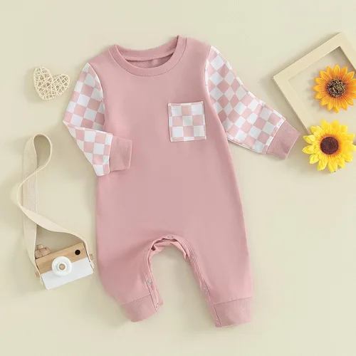Vista 3 de MAINESAKA Ropa de bebé de tablero de ajedrez, ropa para recién nacido, niño y niña, traje de otoño a cuadros, overol con capucha, sudadera