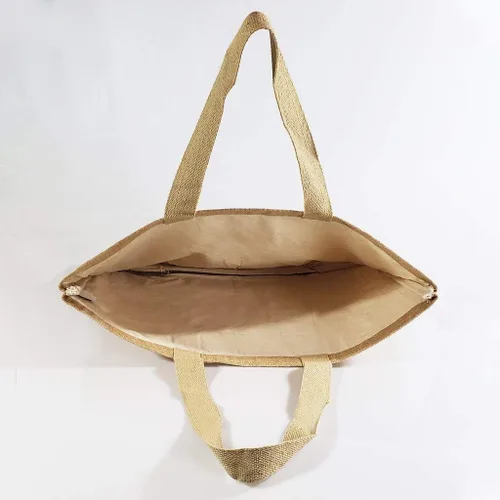 Vista 5 de Bolsas de arpillera de yute para la playa, bolsas de compras ecológicas con forro de algodón (1, mediano (20 x 14 x 6 pulgadas)