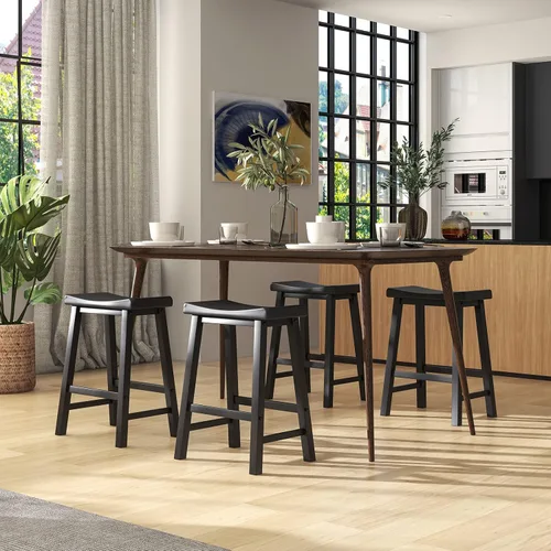 Vista 9 de COSTWAY Juego de 2 taburetes de silla de montar de 24 pulgadas de altura de mostrador con patas de madera maciza y reposapiés, taburetes modernos