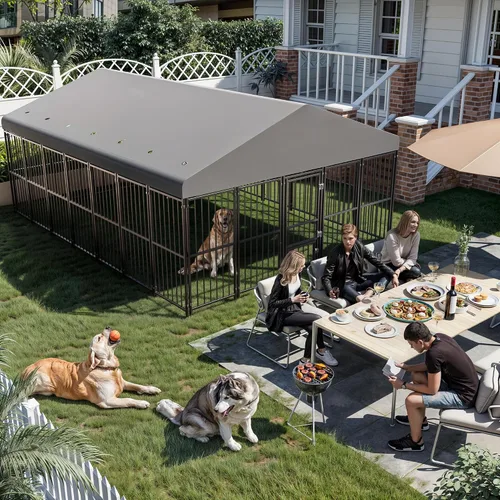 Vista 8 de Perrera grande para perros exterior de 10 x 14 pies, jaula resistente con puerta de alimentación, corrida de perro al aire libre con techo