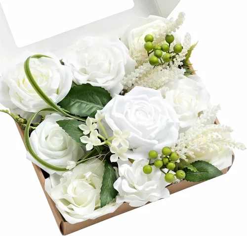 Vista 18 de Ling's moment Caja de flores falsas, tallos de vegetación artificiales artificiales, rosas de espuma, dalia, gardenia, tulipán, flor fábica de seda