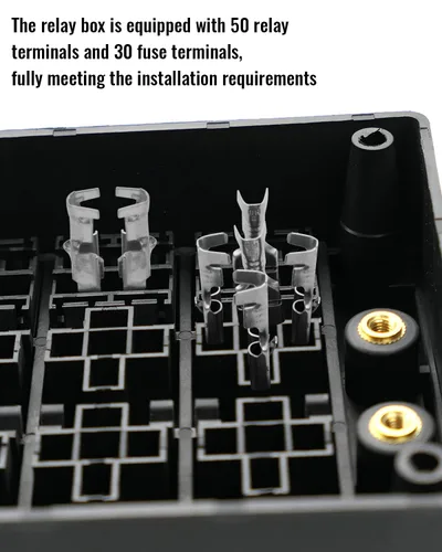 Vista 5 de Caja de relé de fusibles de 12V con 15 fusibles y 10 relés y terminales, 15 ranuras para fusibles y 10 ranuras para relés de 4/5 pines, soporte