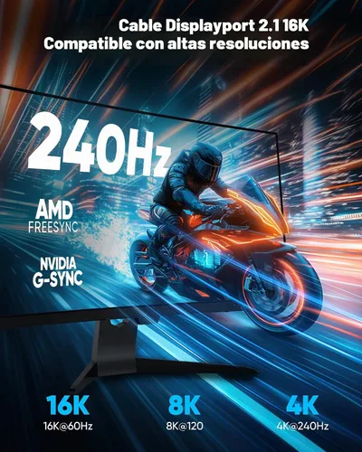 Vista 4 de Cable Displayport Highwings 2.1 de 80Gbps 1 metro, 16K@60Hz, 8K@120Hz, 4K@240Hz, cable DP 2.1 de 16K trenzado, compatible con HDR10 DSC 1.2a, G-Sync