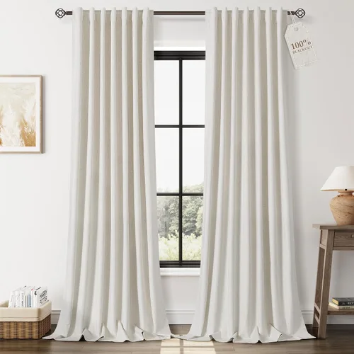 Vista 19 de Nanspring Cortinas de lino 100% opacas para dormitorio, 96 pulgadas de largo, con pestaña trasera, bolsillo para barra, aislamiento térmico, cortina
